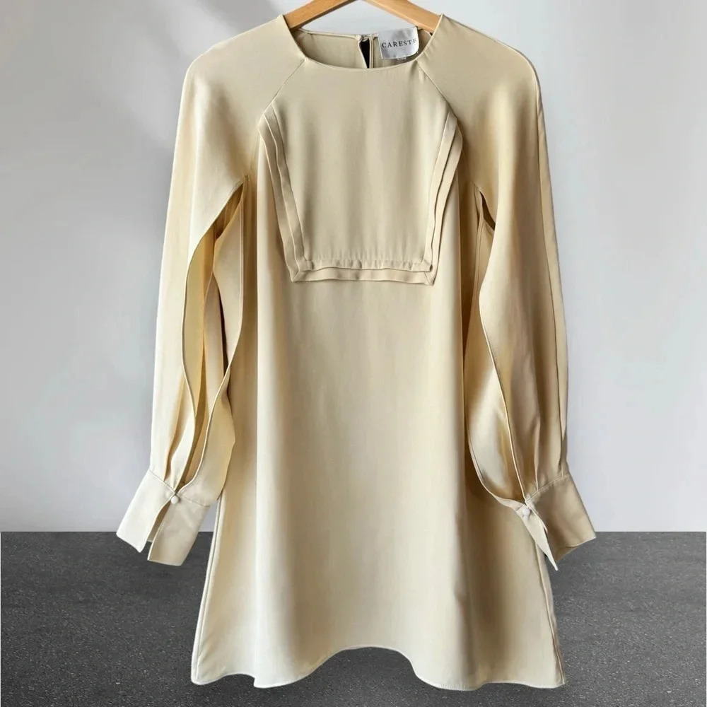 CARESTE Silk Mini Shift Long Sleeve Dress Cream Yellow Size 6